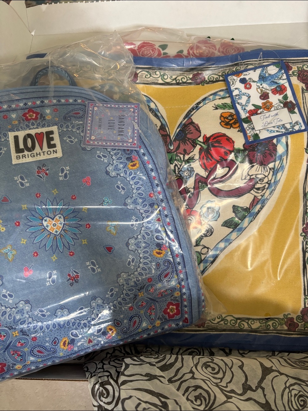 Brighton Yellow & Blue Floral Heart Tote and bandanna small backpack